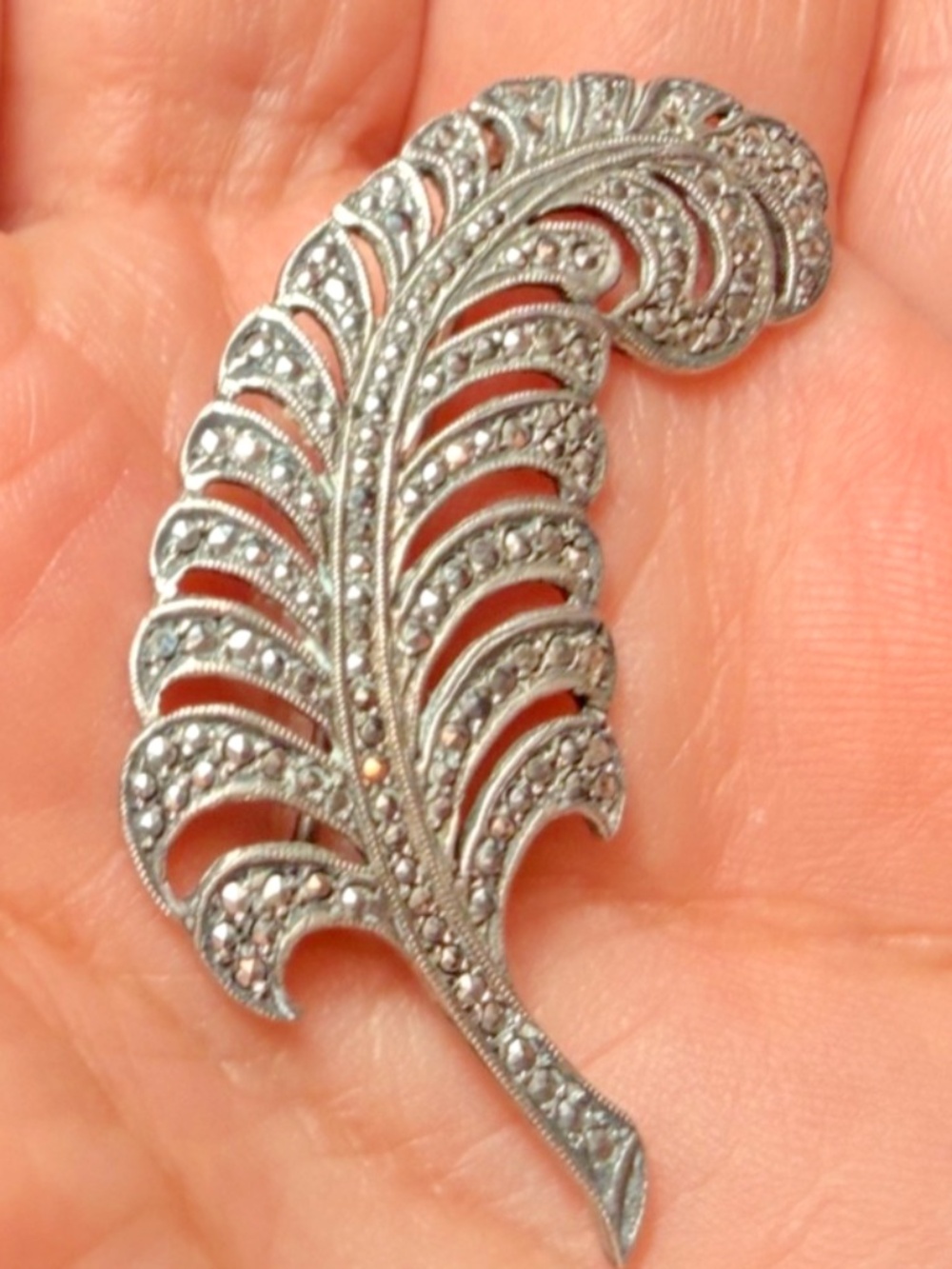 Sterling Silver 2" Leaf Brooch, Pin Marcasite #206292313646